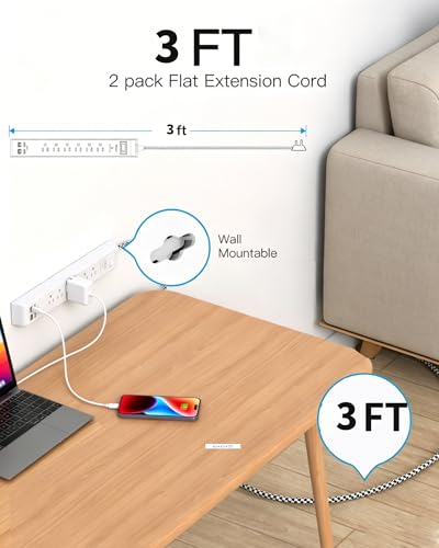 Mifaso 2 Pack Power Strip, 3FT Flat Plug Extension Cord, Surge Protector - size: 3FT, style: Braided Cord & Right Angle Plug
