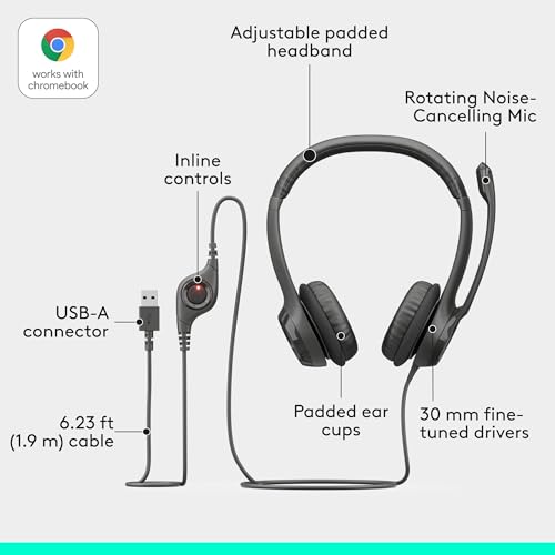 Logitech H390 Wired Headset PC/Laptop Stereo Headphones, USB-A, Black - style: USB-A
