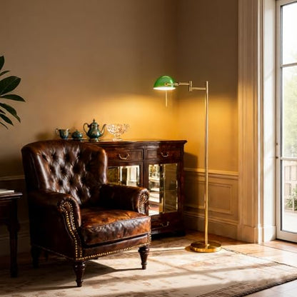 Vintage Modern Bankers Reading Floor Lamp, Gold Metal Standing Lamp with Adjustable Swing Arm, Swivel Green Glass Lampshade and Pull Chain for Living Room, Reading Nook, Office, Bedroom