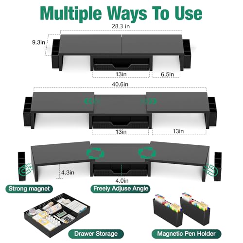 OPNICE Desk Organizer and Accessories, Computer Monitor Stand Riser with Drawer and 2 Pen Holders, Laptop Stand, Office Desk Accessories for Office Supplies, Black - color: Black 1-Pack, size: 40.6" x 9.3" x 4.3"