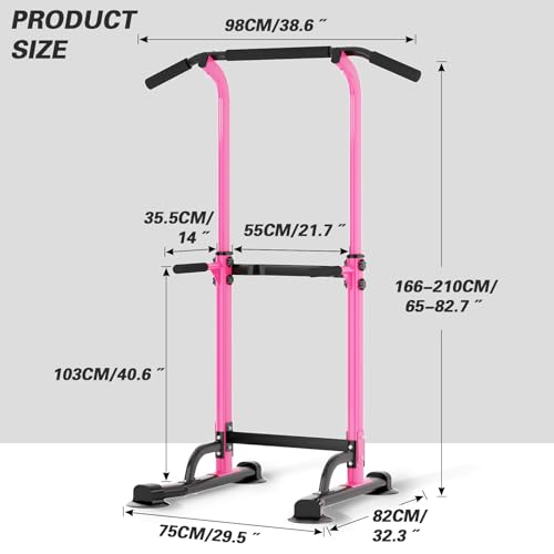 soges Power Tower Pull Up Bar Station, Free Standing Pull Up Rack Dip Station for Home Gym, Height Adjustable Home Strength Training Fitness Workout Equipment - color: Pink