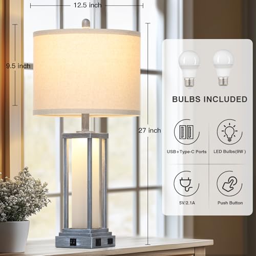 Cinkeda 27" Tall Vintage Table Lamp Set of 2 with USB C+A & Outlet,Gray Nightstand Lamp for Living Room,Retro Bedside Lamps with Frosted Glass Night Light for Bedroom Entryway,Grey - color: Gray