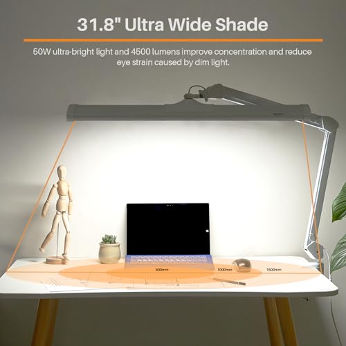 32-Inch LED Architect Desk Lamp with Clamp, 50W 4500LM, White CCT | 684 SMD LEDs deliver flicker-free lighting with 5 color modes, 5 brightness levels, and reinforced dual metal arms - color: White