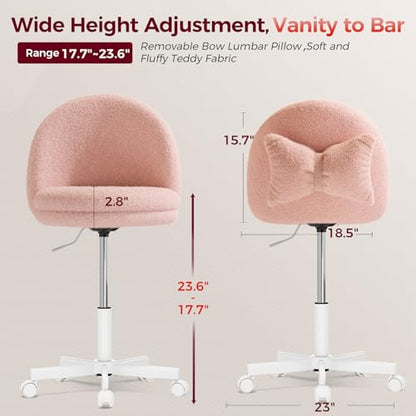 GTPLAYER Velvet Tall Office Chair with Wheels Vanity Chairs with Back, Versatile Height Use: Office to Bar Stools Small Ergonomic Comfy Armlees Computer Desk Chair with Bow Lumbar Pillow for Gift - color: Tv-peach