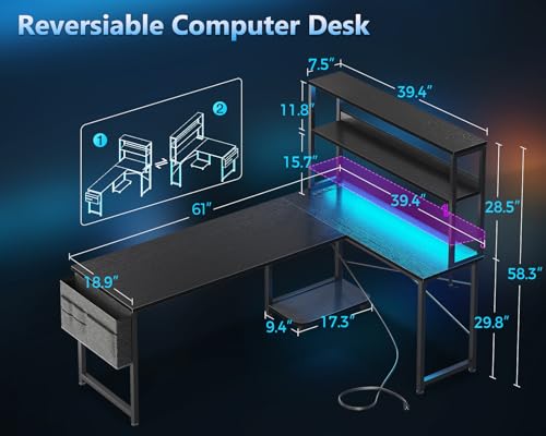 Casaottima L Shaped Gaming Desk with Hutch & Power Outlet & LED Lights