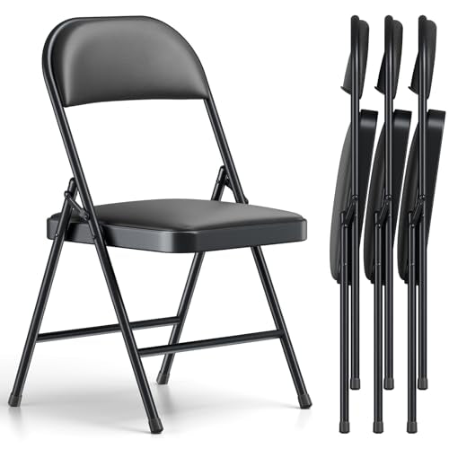 Folding Chair 4 Pack, Comfy PU Leather Padded Folding Chairs for Outside and Indoor, Heavy Duty Portable Foldable Metal Commercial Seat for Home Office, Dorm, Party, Backyard, Lawn, Patio - color: Black, size: 4 Pack
