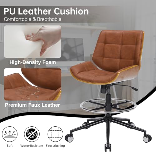 Drafting Office Chair Ergonomic Executive Computer Standing Desk Chair with Adjustable Height and Footrest Ring, Drafting Chair for Counter Height Desk and Drawing (Brown) - color: Brown