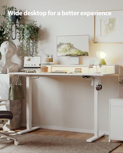 Agilestic 55 * 24 Inch Electric Standing Desk with Shelf & Led, White - color: Led-white, size: 55 x 24 Inches with led and power strips