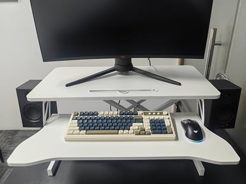 32 Inch Height Adjustable Standing Desk Converter, Dual Monitor and Laptop Riser Workstation with Wide Keyboard Tray, Sit to Stand Desk for Office Home (White+32 Inch) - color: White+32 Inch
