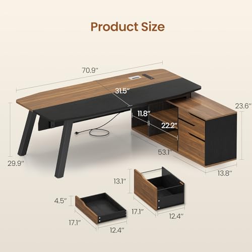 SEDETA 71" L Shaped Executive Desk with File Cabinet & Power Outlet | Computer Desk with 3 Storage Drawers, Adjustable Shelves, CPU Stand, Privacy Baffle, Modern Desk for Home Office, Walnut - color: Walnut
