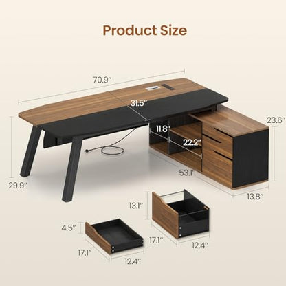 SEDETA 71" L Shaped Executive Desk with File Cabinet & Power Outlet | Computer Desk with 3 Storage Drawers, Adjustable Shelves, CPU Stand, Privacy Baffle, Modern Desk for Home Office, Walnut - color: Walnut