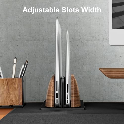 UPERGO Vertical Laptop Stand, Dual Slot Wooden Laptop Holder Vertical for Desk, Width Adjustable Dock for MacBook Pro and Other Laptops | Solid Walnut & Aluminum, Width Adjustable 0.47"-1.1", Anti-Scratch Silicone Pads, Handcrafted