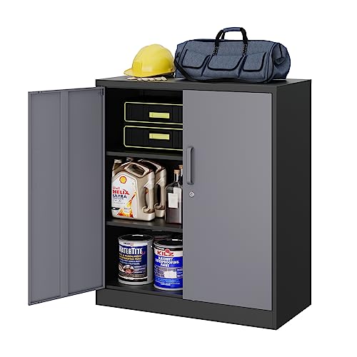 MIIIKO Metal Storage Cabinet, Base Cabinets 2 Door, Steel Storage Cabinets with Locking Doors and Shelves for Garage, Kithen, Home Office and Classroom - color: Black Gray, style: 36"H-Handle