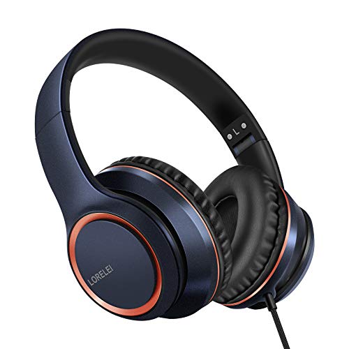 LORELEI X8 Over-Ear Wired Headphones with Microphone with 1.45m-Tangle-Free Nylon Line&3.5mm Plug,Lightweight Foldable & Portable Headphones for Smartphone,Tablet,Computer,Mp3/4(Dark Blue) - color: Dark Blue