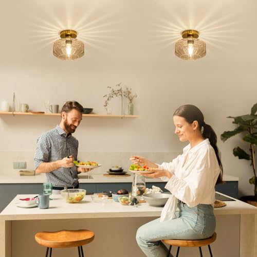 Tbaoinal Semi Flush Mount Ceiling Light with Diamond Glass Shade, 36-Faceted Panels Create Starburst Effect, 1200LM LED Bulb Included Brushed Gold Finish Ideal for Hallway Entryway Kitchen Bathroom - color: Gold Brass