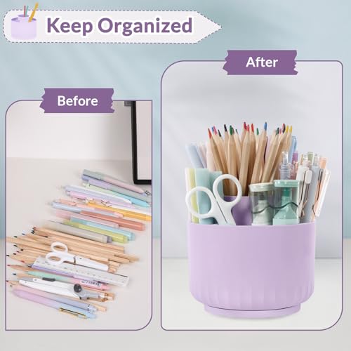 SKYDUE 360 Degree Rotating Desk Organizer, Dual-Purpose Pencil Pen Holder for Desktop, Rotating Desk Pen Organizer with 5 Slots Purple - color: Purple