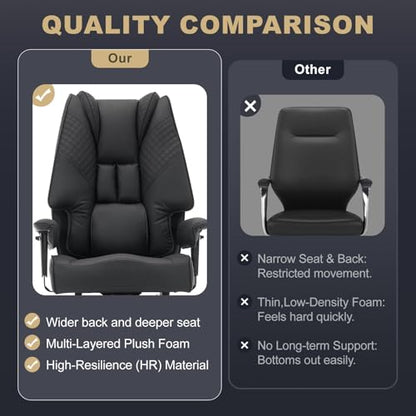 EXCEBET Big and Tall Office Chair 400lbs Wide Seat, Leather High Back Executive Office Chair with Foot Rest, Ergonomic Chairs Lumbar Support for Lower Back Pain Relief (Black) - color: Black