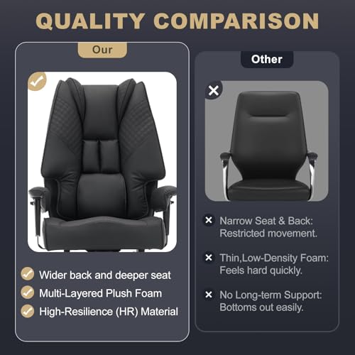 EXCEBET Big and Tall Office Chair 400lbs Wide Seat, Leather High Back Executive Office Chair with Foot Rest, Ergonomic Chairs Lumbar Support for Lower Back Pain Relief (Black) - color: Black