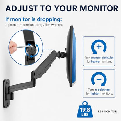 Mount-It! Dual Monitor Wall Mount Bracket - Double Computer Monitor Wall Mount With Two Height Adjustable Full Motion Arms Tilt up to 17" - 32" Inch Screens with 75, 100 VESA Patterns, 19.8 Lb Per Arm