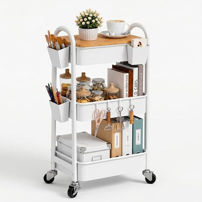 3 Tier White Metal Heavy Duty Rolling Cart with Wheels and Wooden Table Top | Three-Tiered Storage Organizer Utility Cart for Art, Craft, Baby, Diaper Caddy, Coffee, Kitchen, Cleaning, Office Supplies - color: White