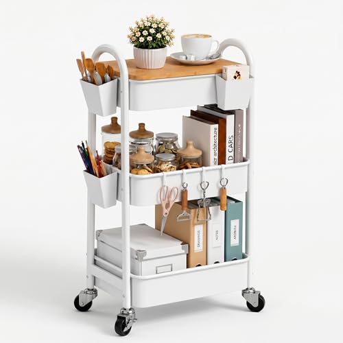 3 Tier White Metal Heavy Duty Rolling Cart with Wheels and Wooden Table Top | Three-Tiered Storage Organizer Utility Cart for Art, Craft, Baby, Diaper Caddy, Coffee, Kitchen, Cleaning, Office Supplies - color: White
