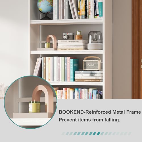 69" 5 Tier Metal Bookcase, Sturdy Storage Bookcase Book Stopper (White) - color: White, size: 69"H*34"W