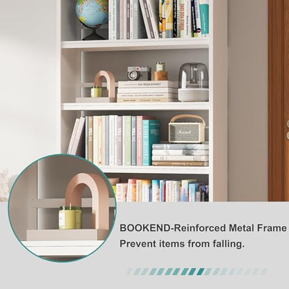 69" 5 Tier Metal Bookcase, Sturdy Storage Bookcase Book Stopper (White) - color: White, size: 69"H*34"W