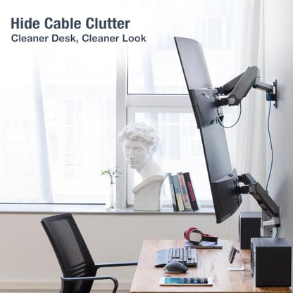 AVLT Dual Monitor Arm Wall Mount for 13-32" Screens, Full Motion - Silver | Supports flat/curved screens up to 17.6 lbs each. Smooth gas spring, VESA 75x75/100x100 and clean cable routing - color: Dual Extended