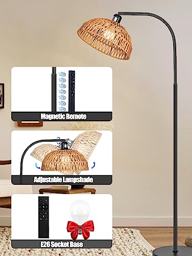 Brilvibera Boho Standing Lamp with Remote Control and Dimmable Bulb | Hand-Worked Adjustable Rattan Shades, Black Farmhouse Tall Lamp, Boho Arc Floor Lamps for Living Room, Bedroom, Office - style: Rattan Standing Lamp Black