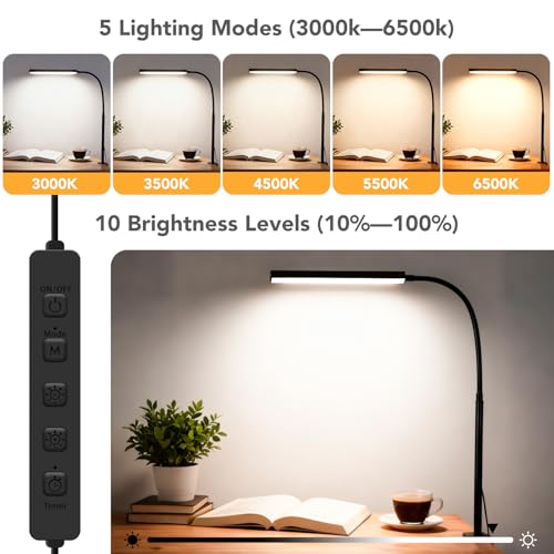 LED Desk Lamp with Clamp, 1200 Lumens Eye-Caring Desk Light for Home Office - color: Black, size: Mini