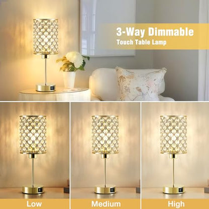 Crystal Table Lamp, Gold Touch Lamp with USB C+A Port, 3-Way Dimmable - color: Gold, size: 14.75"