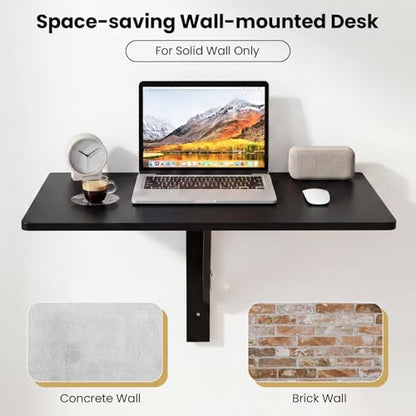 GIANTEX Wall-Mounted Folding Desk, Wooden Floating Laptop Table with Drop Leaf Design, Space-Saving Foldable Wall Desk for Study, Bedroom, Living Room, Laundry (Black) - color: Black