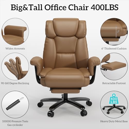 GYI 160 Reclining Office Chair with Footrest, Big & Tall Desk Chair, Brown | Cross Legged Seat, High Back, Faux Leather, Heavy Duty Base, Adjustable Height, for Home, Executive - color: Brown