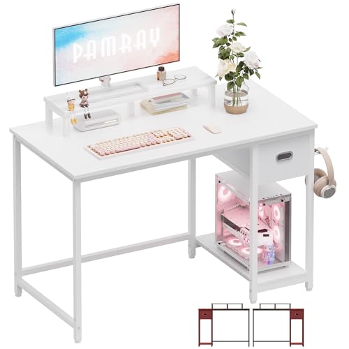 Pamray 39 Inch Small Computer Desk with Monitor Stand and Drawer for Gaming | Small Gaming Desk, for Bedroom Small Spaces, Home Office, Dorm and Apartment, for Writing, Study and Working - color: White