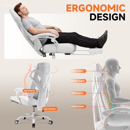 GTPLAYER Computer Chair with Adjustable Footrest, Ergonomic Gaming Chair with Headrest and Lumbar Support, Breathable Mesh Office Chair for Adults, High Back Reclining Desk Chair for Gaming and Office - color: White