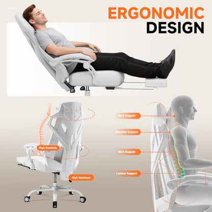 GTPLAYER Computer Chair with Adjustable Footrest, Ergonomic Gaming Chair with Headrest and Lumbar Support, Breathable Mesh Office Chair for Adults, High Back Reclining Desk Chair for Gaming and Office - color: White