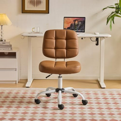 VINGLI Compact Small Desk Chair, Cute Armless Chair with Wheels, Vanity Chair with Low Back, Height Adjustable Task Chair for Small Spaces, Office, Bedroom, Make Up Room, PU Leather, Brown - color: Warm Brown