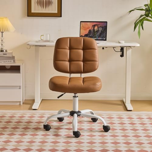 VINGLI Compact Small Desk Chair, Cute Armless Chair with Wheels, Vanity Chair with Low Back, Height Adjustable Task Chair for Small Spaces, Office, Bedroom, Make Up Room, PU Leather, Brown - color: Warm Brown
