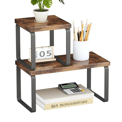 Homeiju Wooden Desktop Organizer Shelf, 2-Tier Adjustable Freestanding Bookshelf Desk Shelf, Stackable Desk Organizer for Office, Dorm, Bedroom, Space Saving, Easy Assembly, Rustic Brown (1 Pack) - size: 1 Pack