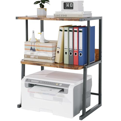 Homeiju 3-Tier Printer Stand for Desk, Desktop Printer Shelf, Heavy Duty Metal Frame Wood Shelf for Home Office Holds Up to 50lbs, Space-Saving Desk Organizer forfor Home Office, Rustic Brown