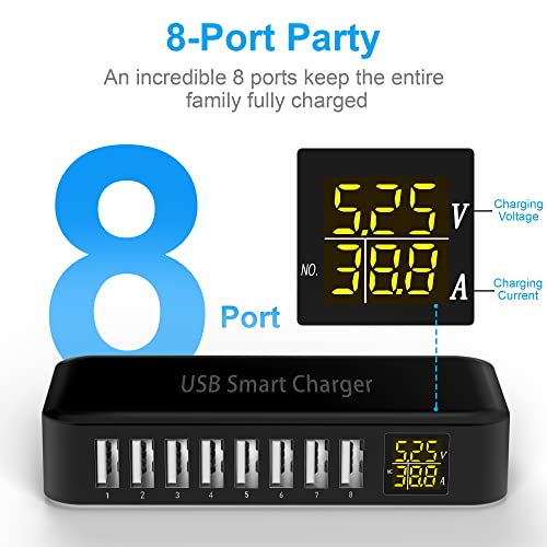 USB Charging Station, Ziwodiv 8-Port 60W/12A USB Charger Station, Multi Ports USB-A Charging Hub with LED Display, Compact Desktop Charger for Multiple Devices, iPhone iPad Samsung Android and Tablet - color: Black