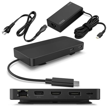 Lenovo USB-C Dual Display Travel Dock w/ 100W Power Adapter - 7 Ports, Integrated USB-C Cable, Universal Compatibility, Dual Displays at 4K - Black - style: USB Dock + Adapter