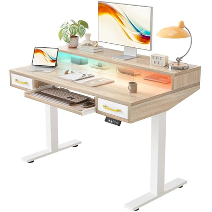 TIQLAB Standing Desk with Two Drawers, Stand Up Standing Desk Adjustable Height, Electric Sit Stand Table with Storage Shelf and Splice Board, with LED Light, 47 * 28 inch, Maple - color: Maple, size: 47*28 inch with keyboard tray