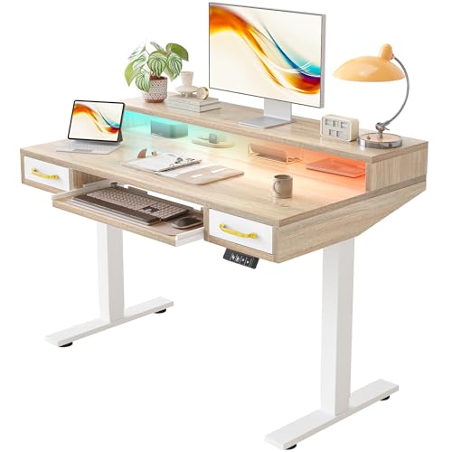 TIQLAB Standing Desk with Two Drawers, Stand Up Standing Desk Adjustable Height, Electric Sit Stand Table with Storage Shelf and Splice Board, with LED Light, 47 * 28 inch, Maple - color: Maple, size: 47*28 inch with keyboard tray