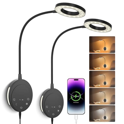Wall Mounted Reading Light,Headboard Reading Lamp with 5 Color Temperature &5 Dimming,360°Flexible Gooseneck,USB Output, Night Light&Timer Function- Perfect for Reading in Bed Black 2 PCS - color: Black 2 PCS