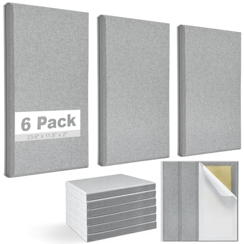6pcs Fiberglass Acoustic Panels, 23.6" x 11.8" x 2" Thick Sound Proofing Foam Wall Panels, Self-Adhesive High Density Sound Dampening Panels for Studio, Home Theater & Office, Noise Canceling - color: Gray