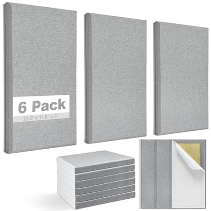 6pcs Fiberglass Acoustic Panels, 23.6" x 11.8" x 2" Thick Sound Proofing Foam Wall Panels, Self-Adhesive High Density Sound Dampening Panels for Studio, Home Theater & Office, Noise Canceling - color: Gray