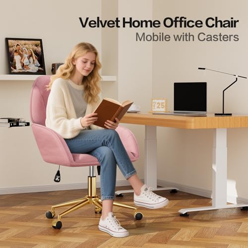 Home Office Desk Chair Comfy with Adjustable Swivel Wheels, Modern Velvet Makeup Vanity Chair with Back & Pillow, Ergonomic Office Chair Computer Task Chair for Living Room, Bedroom, Rose Pink - color: Rose Pink