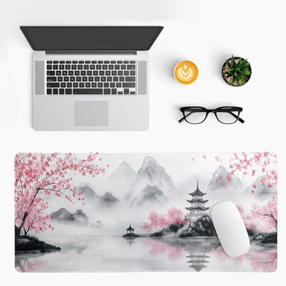 Pagoda Mouse Pad 31.5x11.8 Inch White Full Desk Japanese Mousepad Extended Large Non-Slip Rubber Base Waterproof Big Keyboard Mat with Stitched Edges for Gaming and Office - color: Pagoda