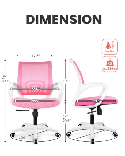 NEO CHAIR Office Computer Chair Ergonomic Mid-Back Mesh Desk Chair, Pink | Breathable Mesh Back with Lumbar Support, Height Adjustment, Smooth Rolling Casters for Home Office, Study or Gaming Setup - color: Pink-fabric